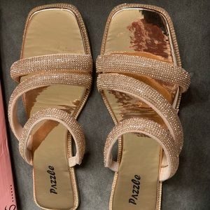 PAZZLE TRIPLE PADDED STRAP SLIP ON ROSE GOLD RHINESTONE SANDALS